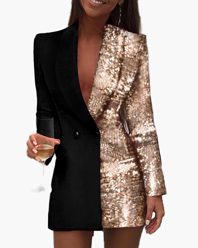 Women's Sequin Patchwork Deep V Neck Party Mini Blazer Dress