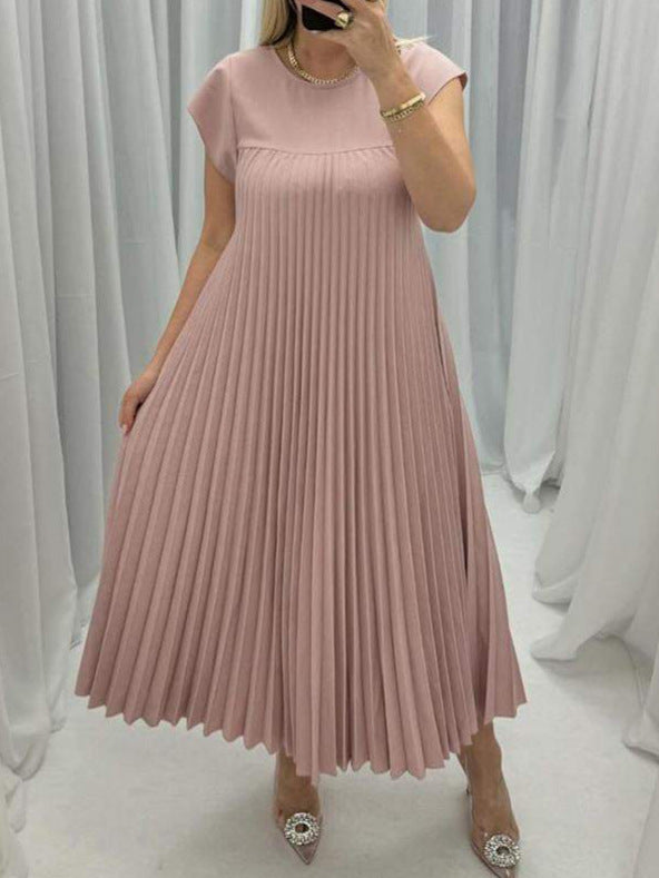 Emily – Short Sleeve Pleated Long Dress