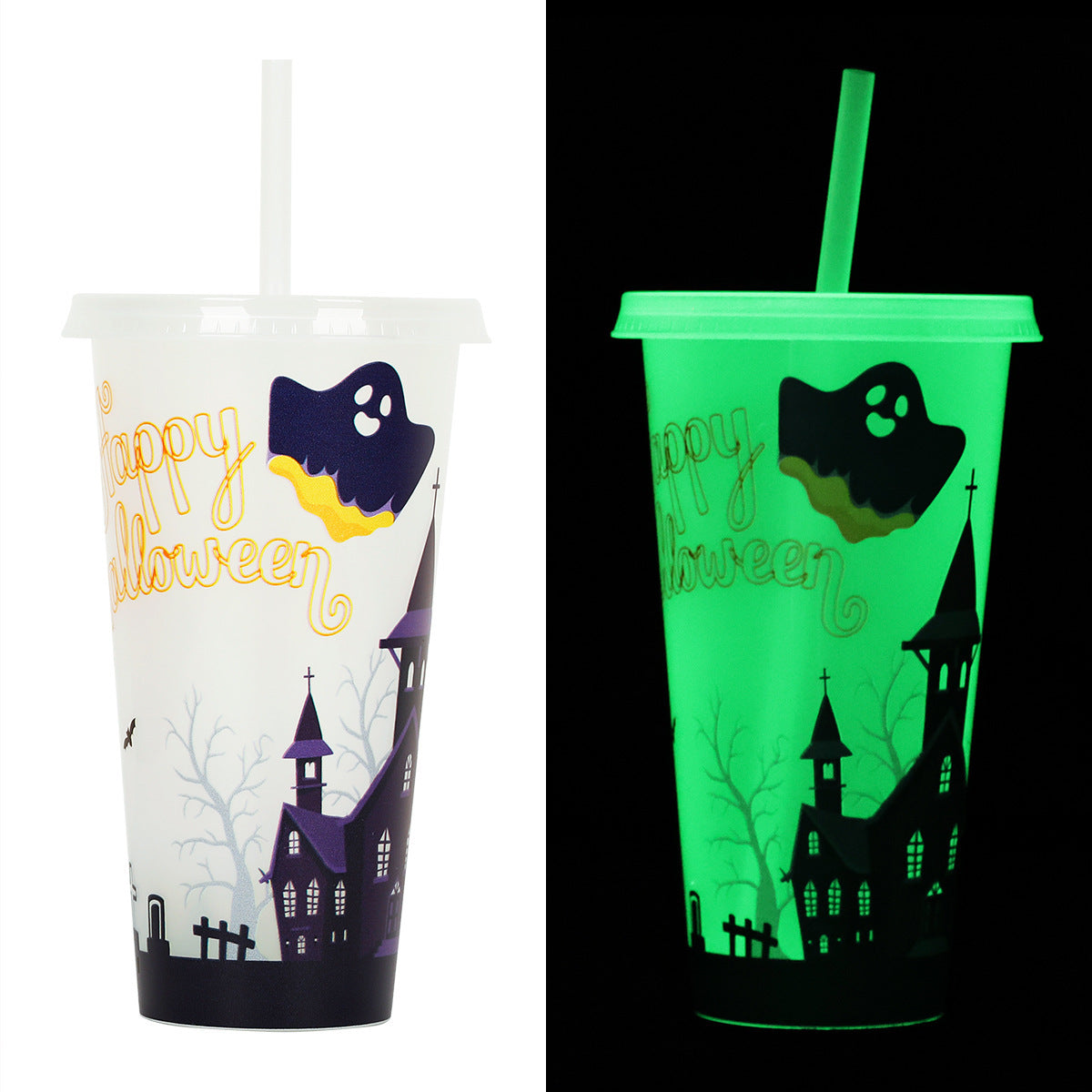Halloween Glow-in-the-Dark Reusable Tumbler Cup with Straw – Spooky Party Drinkware
