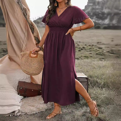 Helen – Long Slimming Dress with V-neck and Bell Sleeves