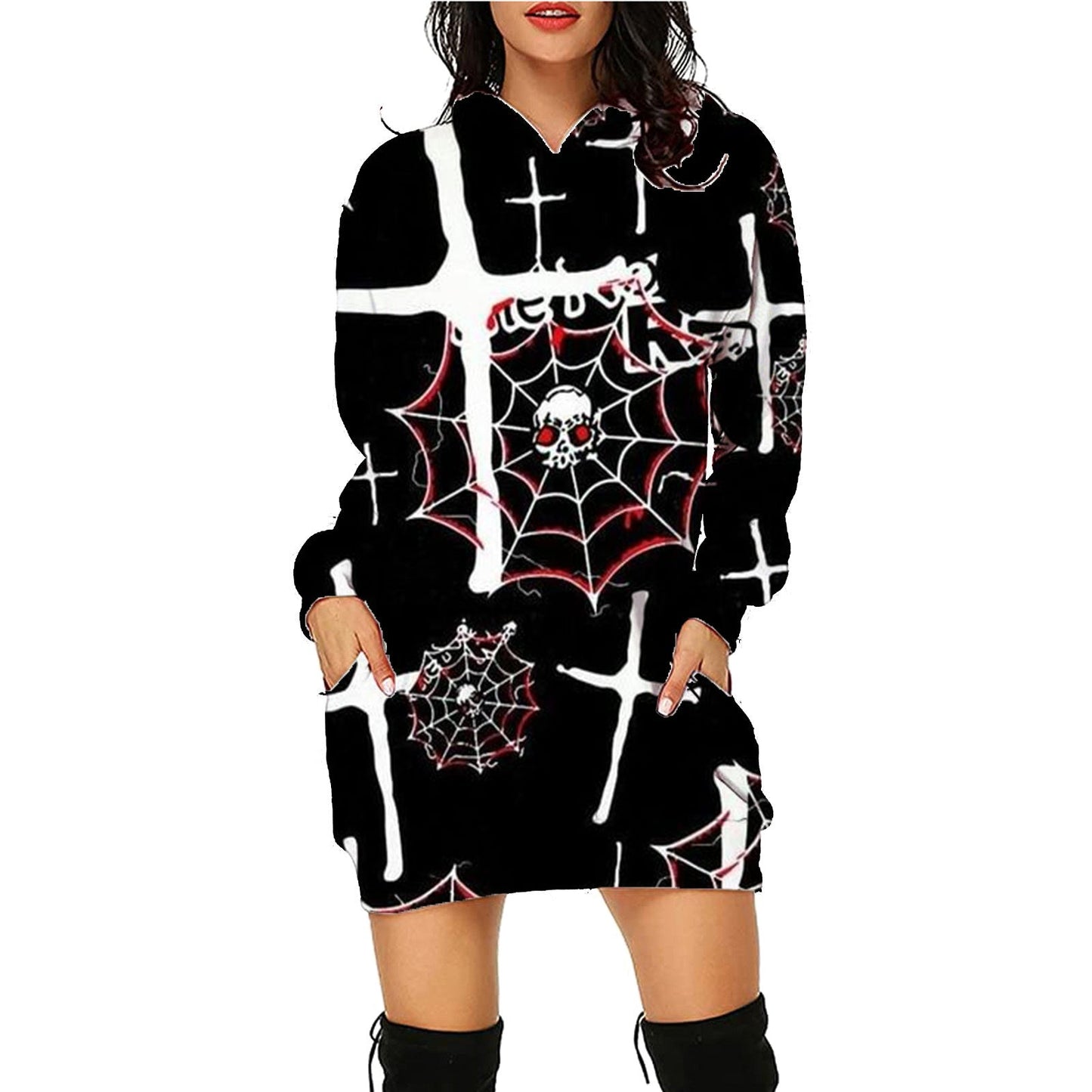 Women's Halloween Hooded Sweatshirt Dress – Fun Printed Costume & Party Wear