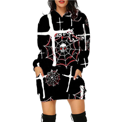 Women's Halloween Hooded Sweatshirt Dress – Fun Printed Costume & Party Wear