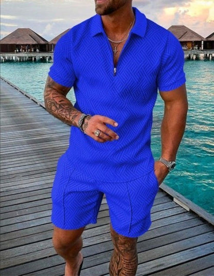 Men’s Casual Zip Polo & Shorts Set for Summer Outings