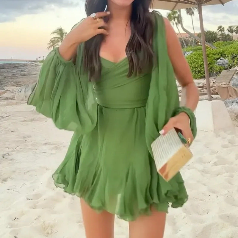 Women’s Flowy Beach Mini Dress – One-Shoulder Long Sleeve Style