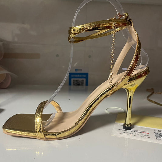Women’s Stiletto Heel Sandals with Ankle Wrap and Chain Detail