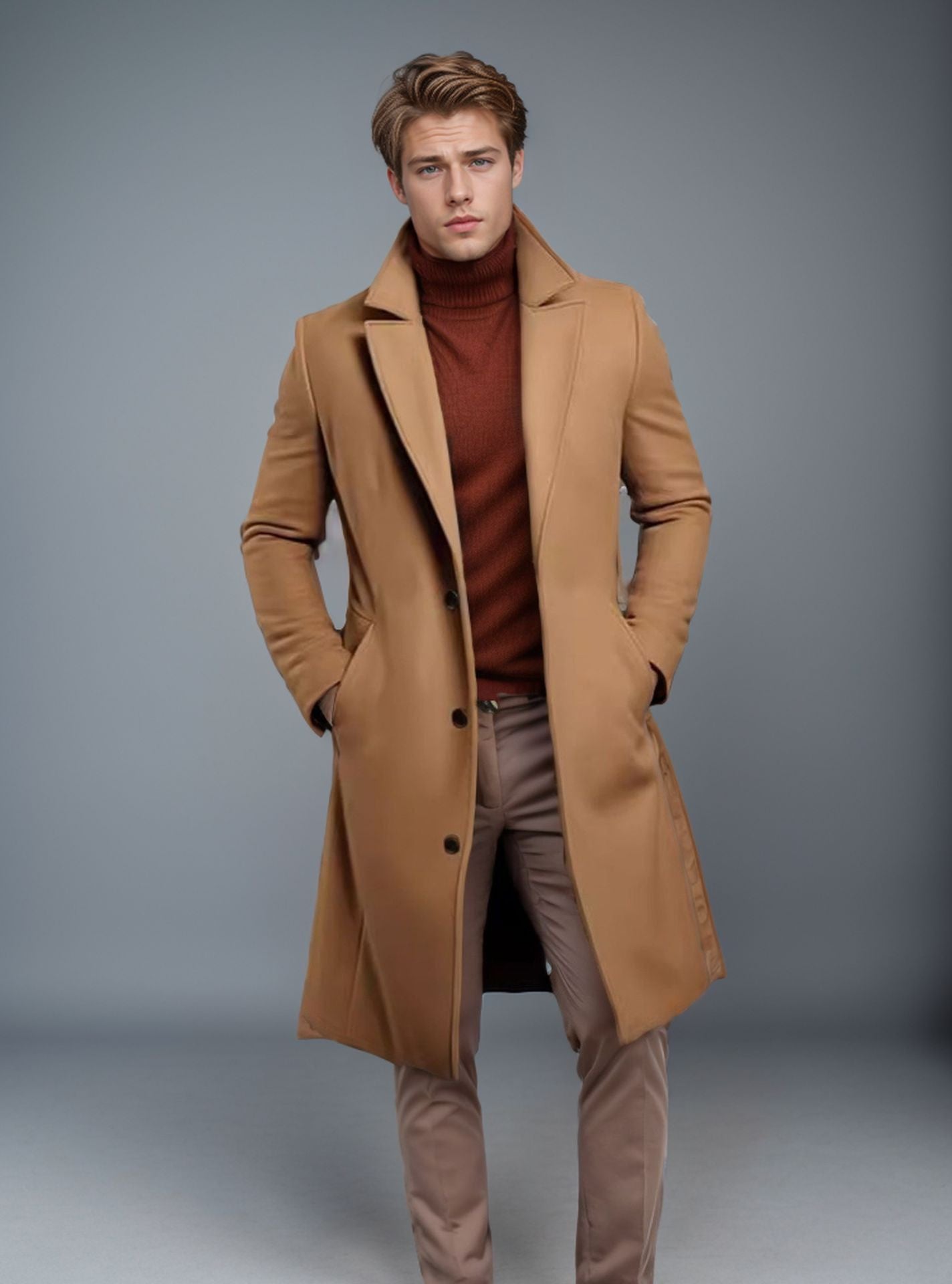 Men’s Classic Long Overcoat with Elegant Tailored Fit