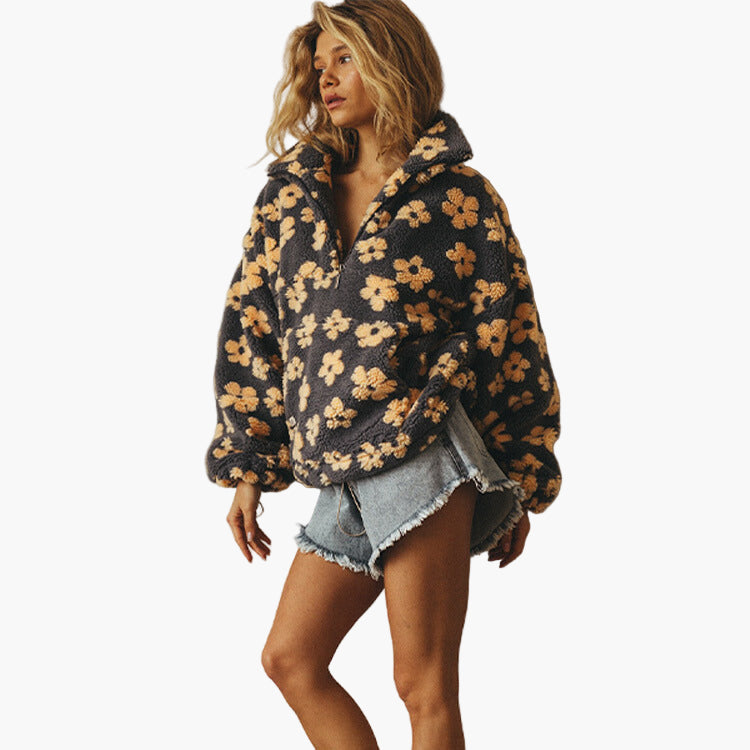 Women's Cozy Boho Floral Sherpa Pullover Sweatshirt - Relaxed Fit for Fall & Lounge