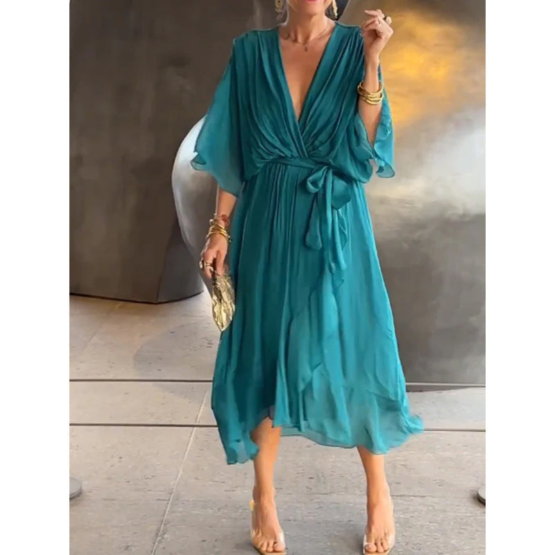 Women’s Elegant Wrap Midi Dress with Flowing Sleeves for Special Occasions