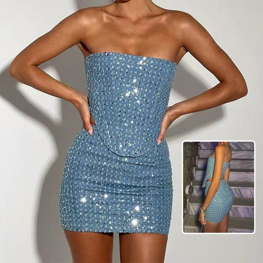 Anna – Denim Sequin Skirt Suit with Tube Top