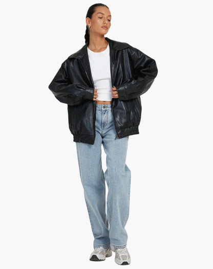 Women's Oversized Faux Vegan Leather Bomber Jacket – Trendy Relaxed Fit for Casual or Night Out