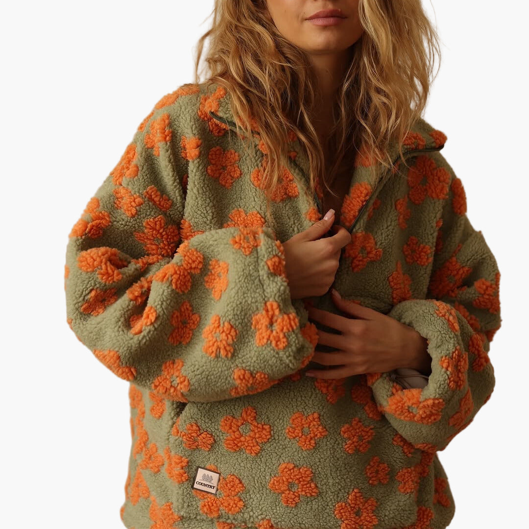 Women's Cozy Boho Floral Sherpa Pullover Sweatshirt - Relaxed Fit for Fall & Lounge