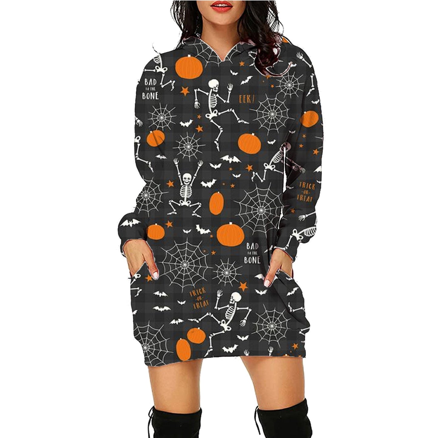 Women's Halloween Hooded Sweatshirt Dress – Fun Printed Costume & Party Wear