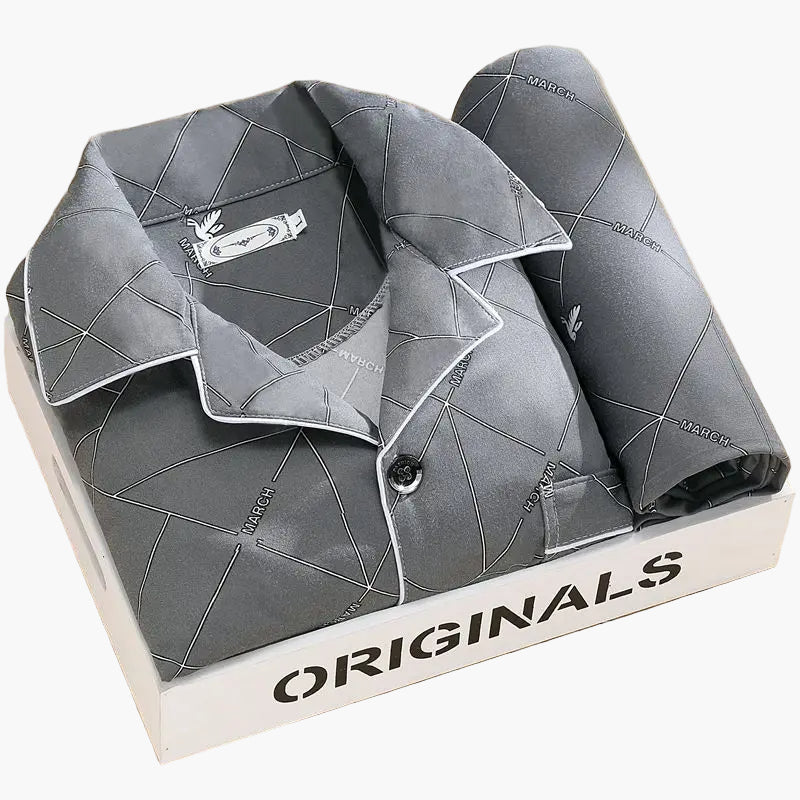 Men's Classic Pajama Set with Feather Print, Stylish Long Sleeve Loungewear for All-Season Comfort