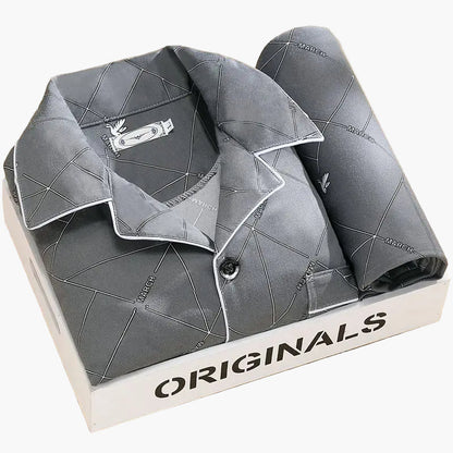 Men's Classic Pajama Set with Feather Print, Stylish Long Sleeve Loungewear for All-Season Comfort