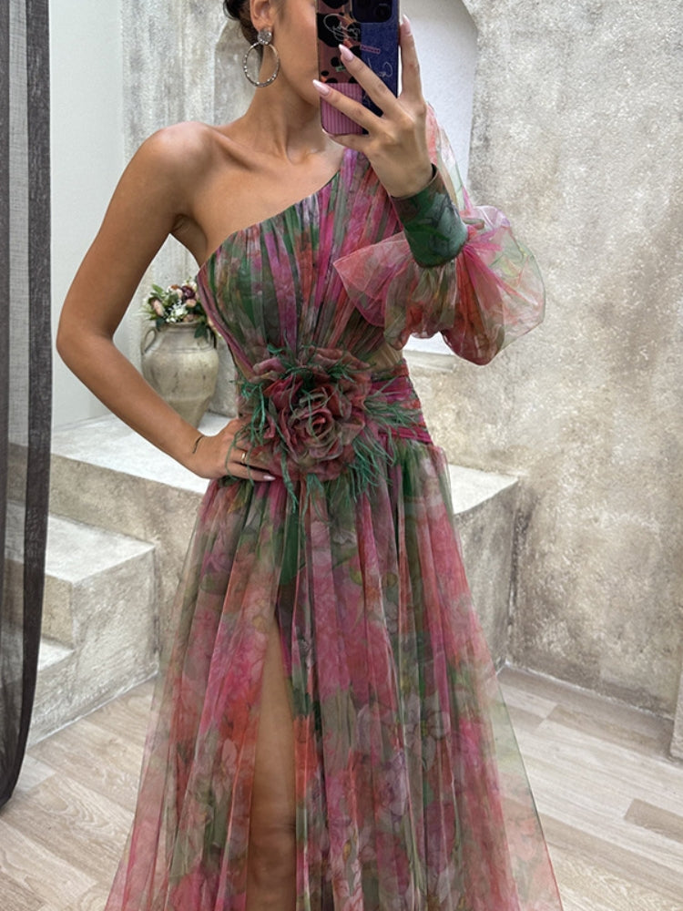 Women’s One-Shoulder Evening Gown – Elegant High-Slit Floral Design