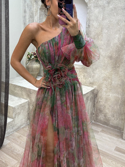 Women’s One-Shoulder Evening Gown – Elegant High-Slit Floral Design