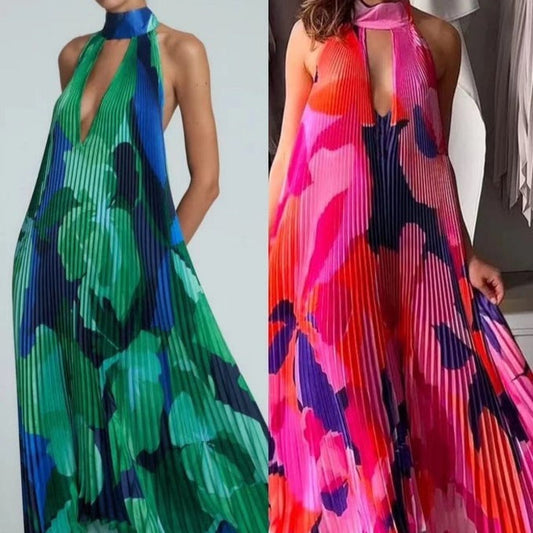 Women’s Halter Neck Pleated Maxi Dress – Bold Statement for Special Occasions