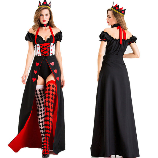 Women's Halloween Queen of Hearts Costume Dress with Crown and Socks - Party Cosplay Outfit