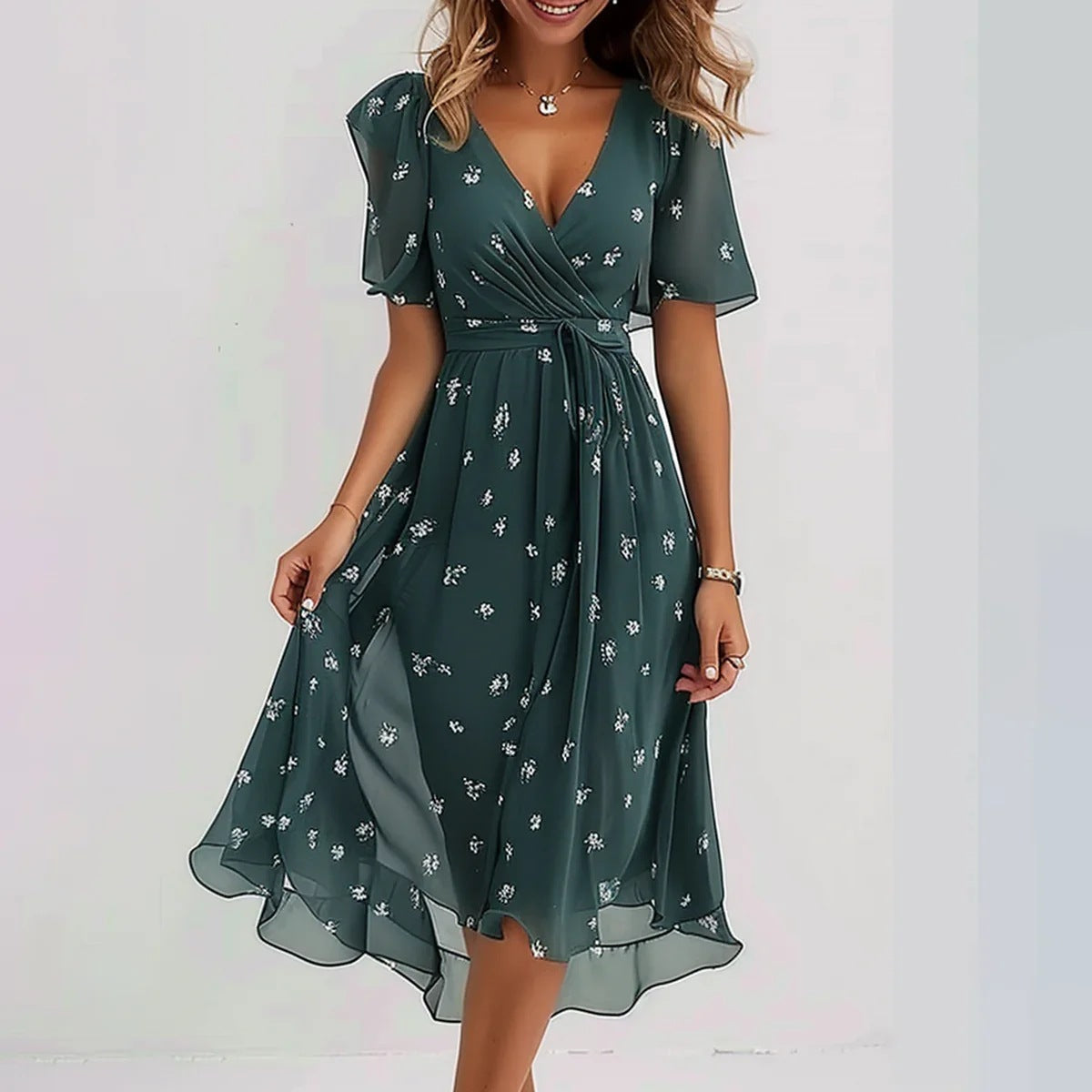 Women’s Elegant Flutter Sleeve Midi Dress with Wrap Front