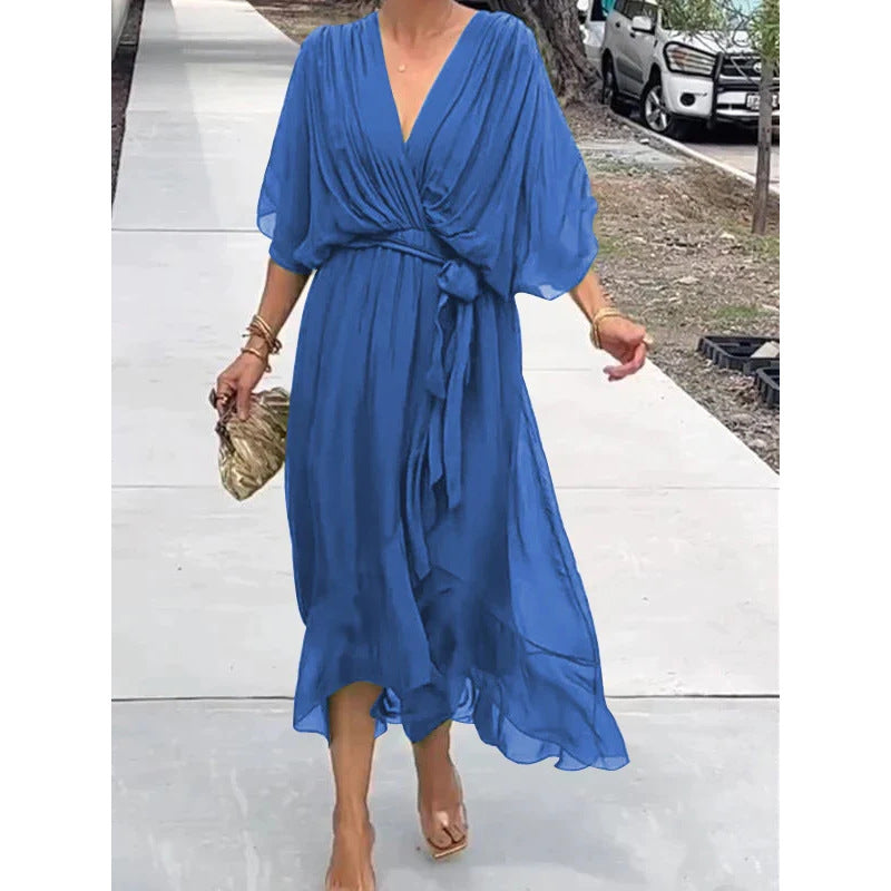 Women’s Elegant Wrap Midi Dress with Flowing Sleeves for Special Occasions