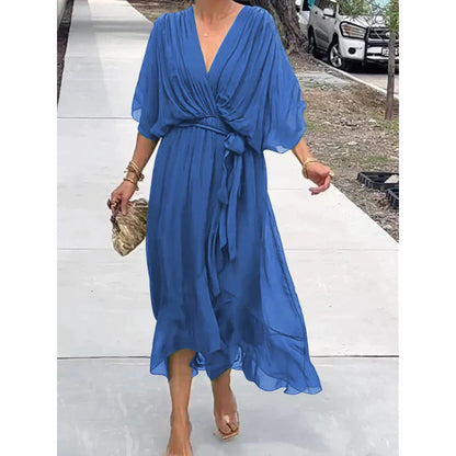 Women’s Elegant Wrap Midi Dress with Flowing Sleeves for Special Occasions
