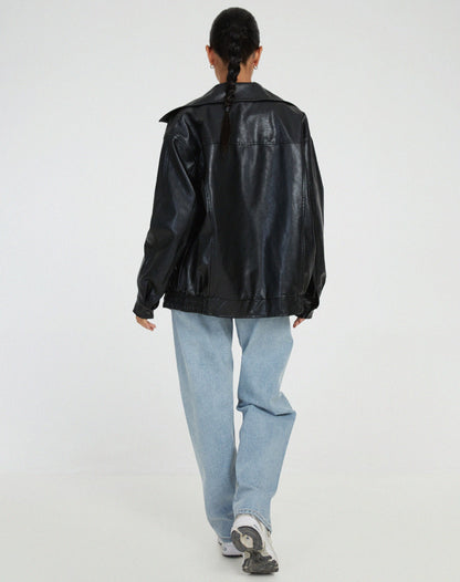 Women's Oversized Faux Vegan Leather Bomber Jacket – Trendy Relaxed Fit for Casual or Night Out