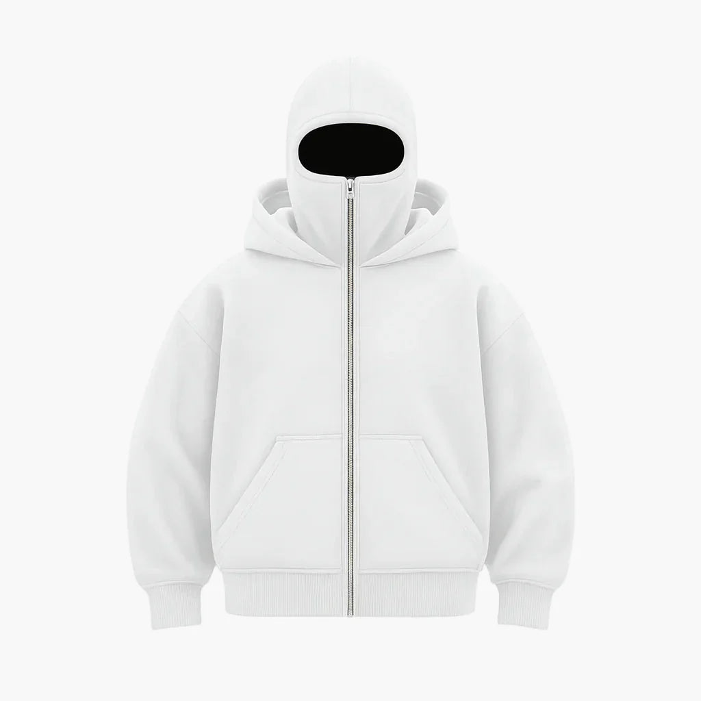 Men's Minimalist Full Zip Hoodie with Integrated Mask – Urban Streetwear Style