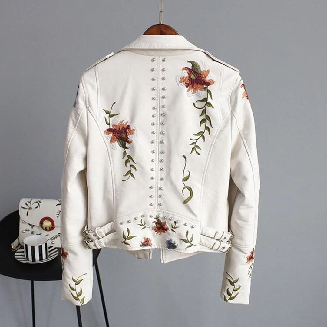 Women's Embroidered Vegan Leather Biker Jacket - Stylish Floral Moto Outerwear