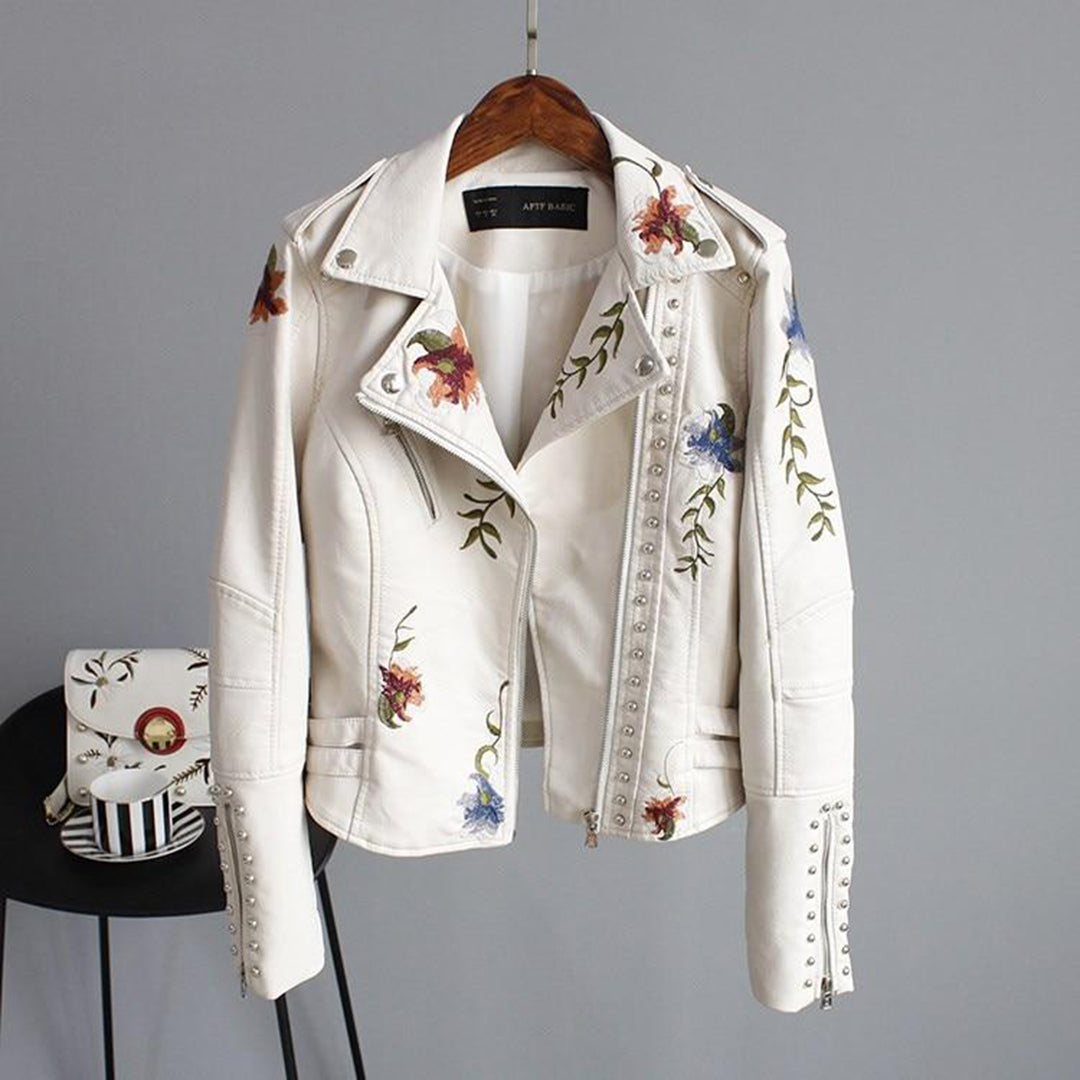 Women's Embroidered Vegan Leather Biker Jacket - Stylish Floral Moto Outerwear