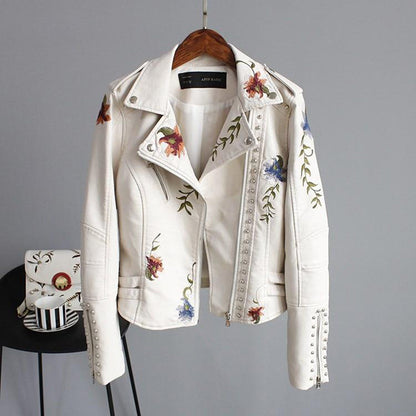 Women's Embroidered Vegan Leather Biker Jacket - Stylish Floral Moto Outerwear