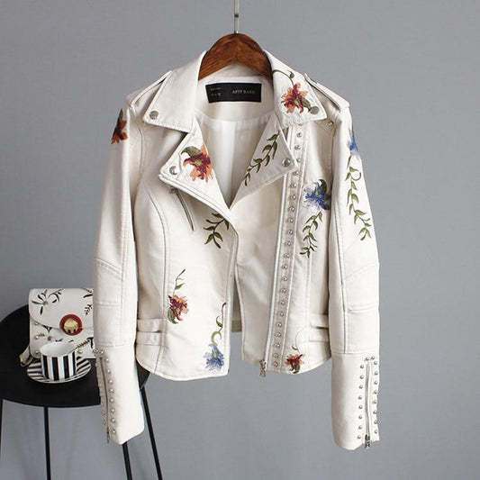 Women's Embroidered Vegan Leather Biker Jacket - Stylish Floral Moto Outerwear