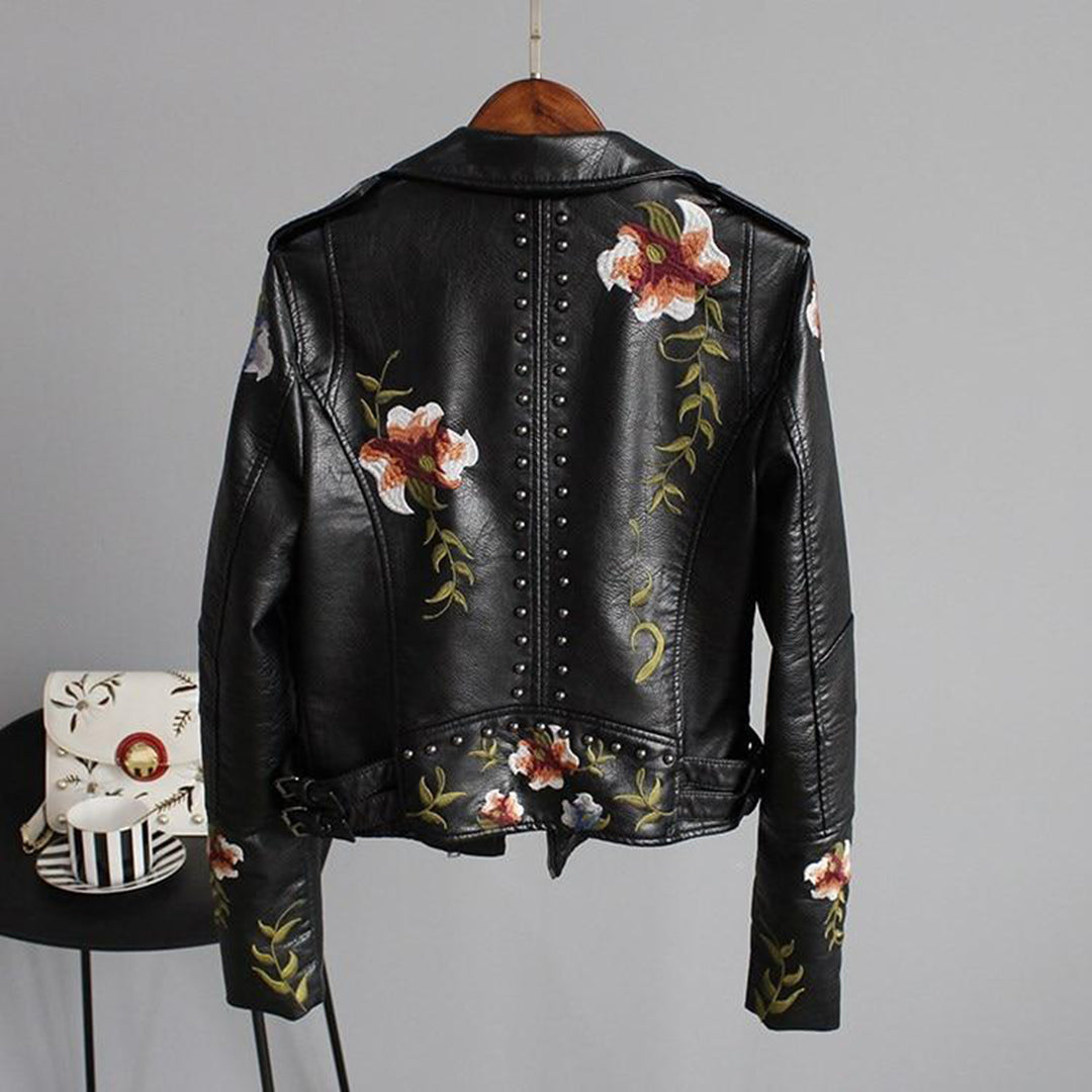 Women's Embroidered Vegan Leather Biker Jacket - Stylish Floral Moto Outerwear