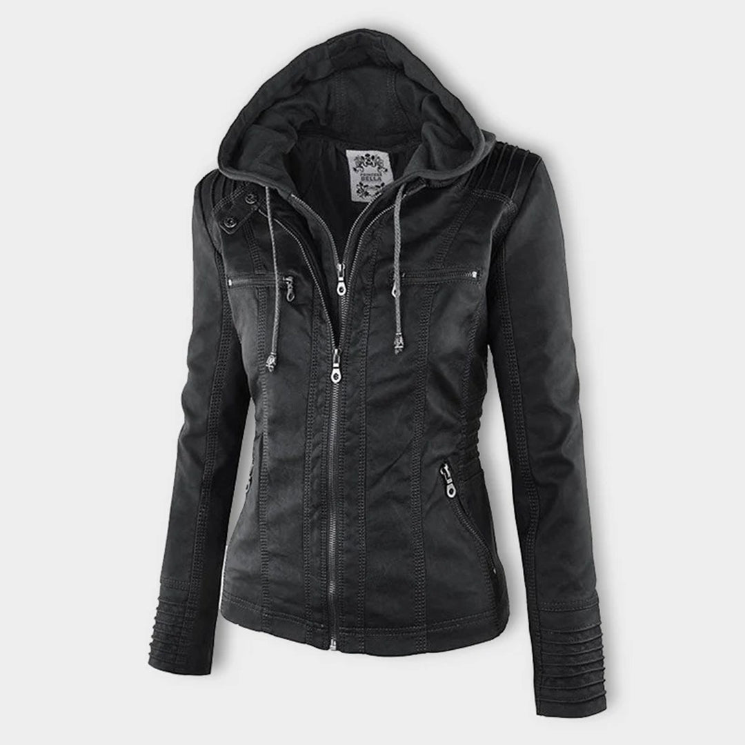 Women's Hooded Vegan Leather Jacket – Stylish Weatherproof Moto Design for Everyday Wear