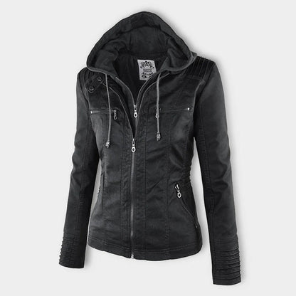 Women's Hooded Vegan Leather Jacket – Stylish Weatherproof Moto Design for Everyday Wear