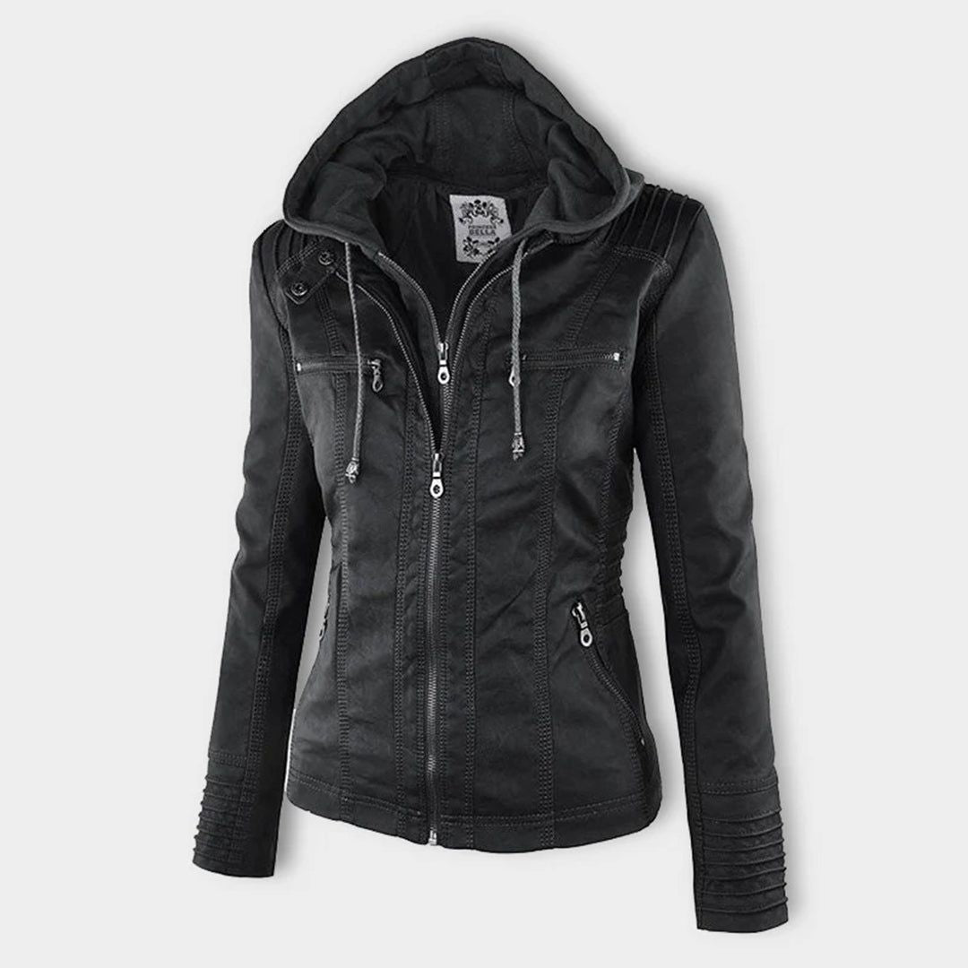 Women's Autumn Vegan Leather Hooded Jacket with Zipper – Stylish and Functional Outerwear