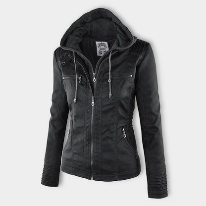 Women's Autumn Vegan Leather Hooded Jacket with Zipper – Stylish and Functional Outerwear