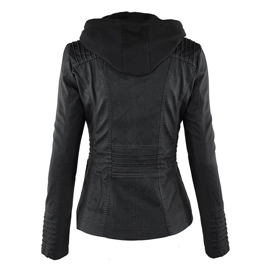 Women's Hooded Vegan Leather Jacket – Stylish Weatherproof Moto Design for Everyday Wear