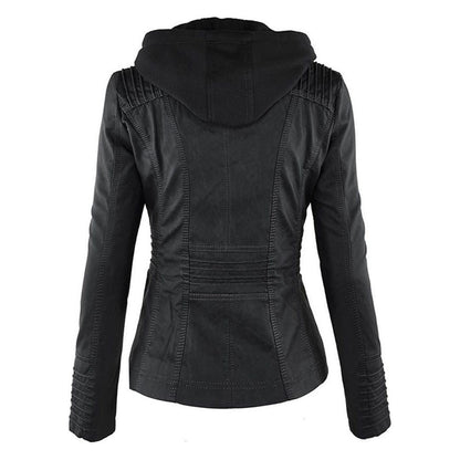 Women's Autumn Vegan Leather Hooded Jacket with Zipper – Stylish and Functional Outerwear