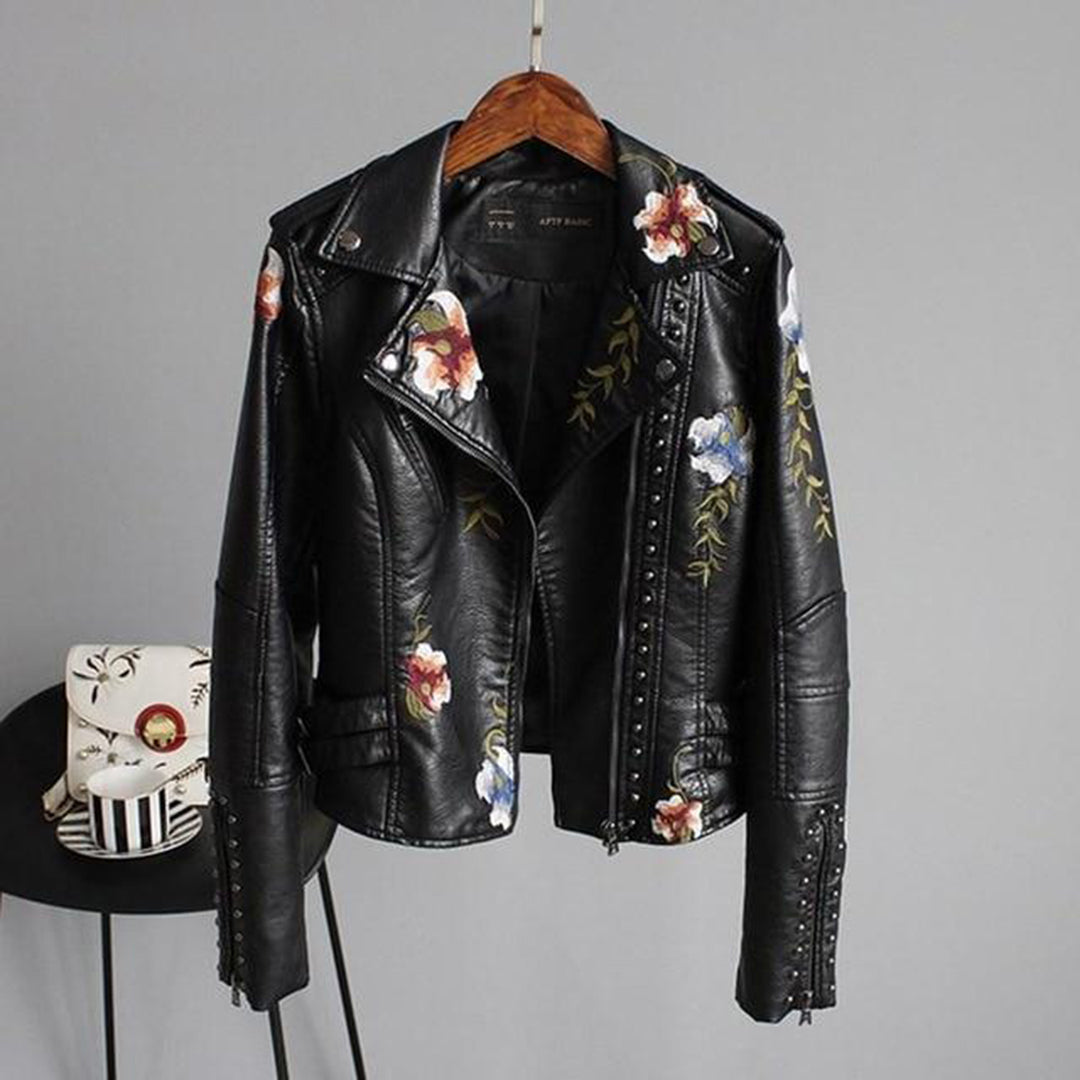Women's Embroidered Vegan Leather Biker Jacket - Stylish Floral Moto Outerwear