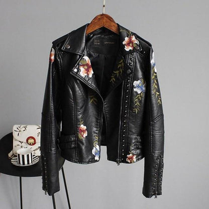Women's Embroidered Vegan Leather Biker Jacket - Stylish Floral Moto Outerwear