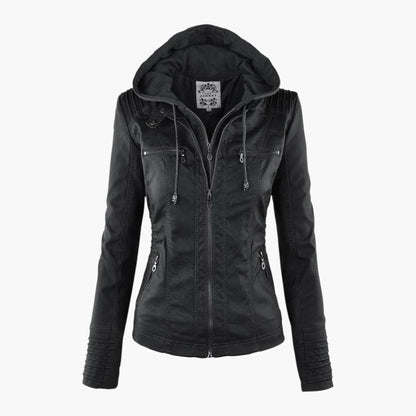 Women's Autumn Vegan Leather Hooded Jacket with Zipper – Stylish and Functional Outerwear