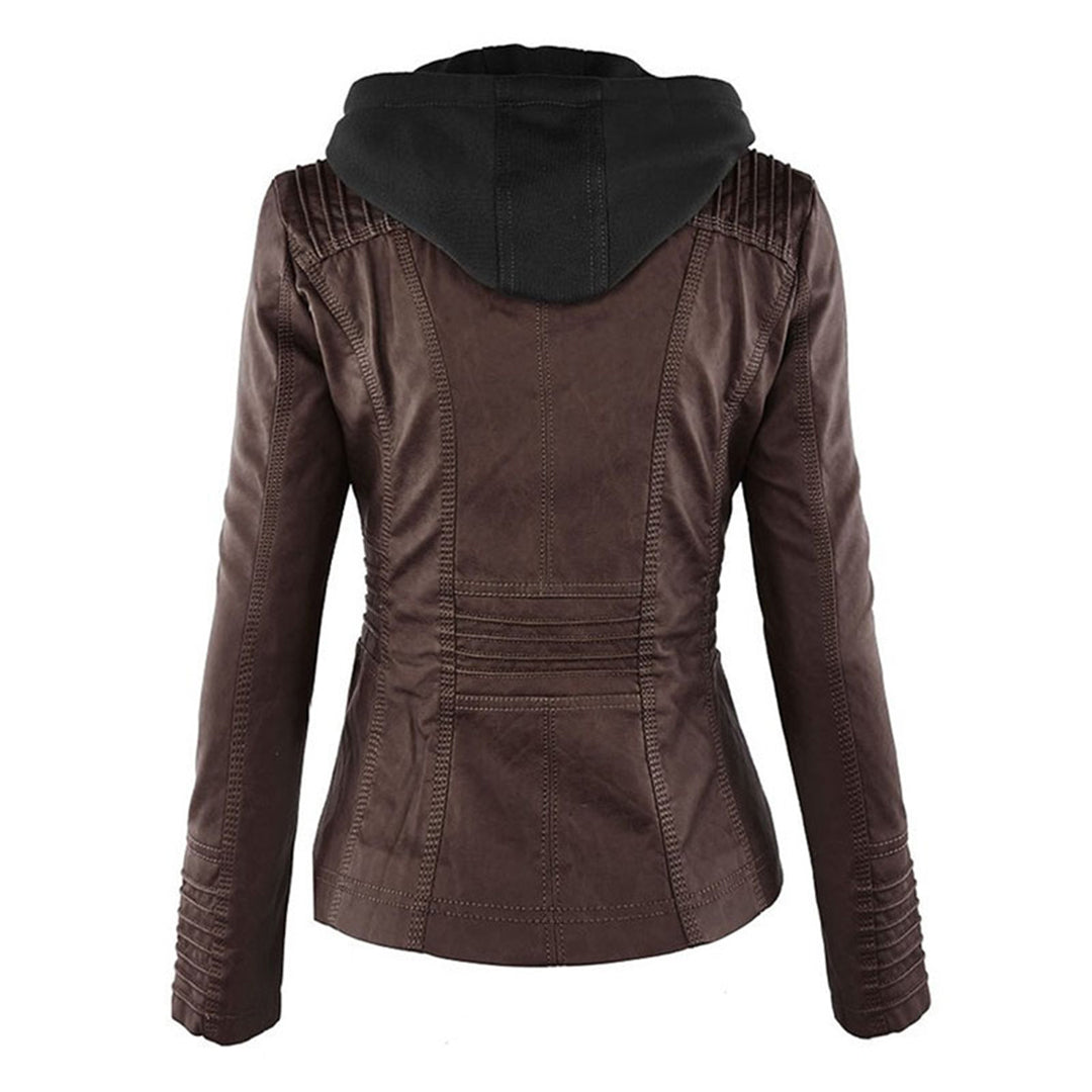 Women's Hooded Vegan Leather Jacket – Stylish Weatherproof Moto Design for Everyday Wear