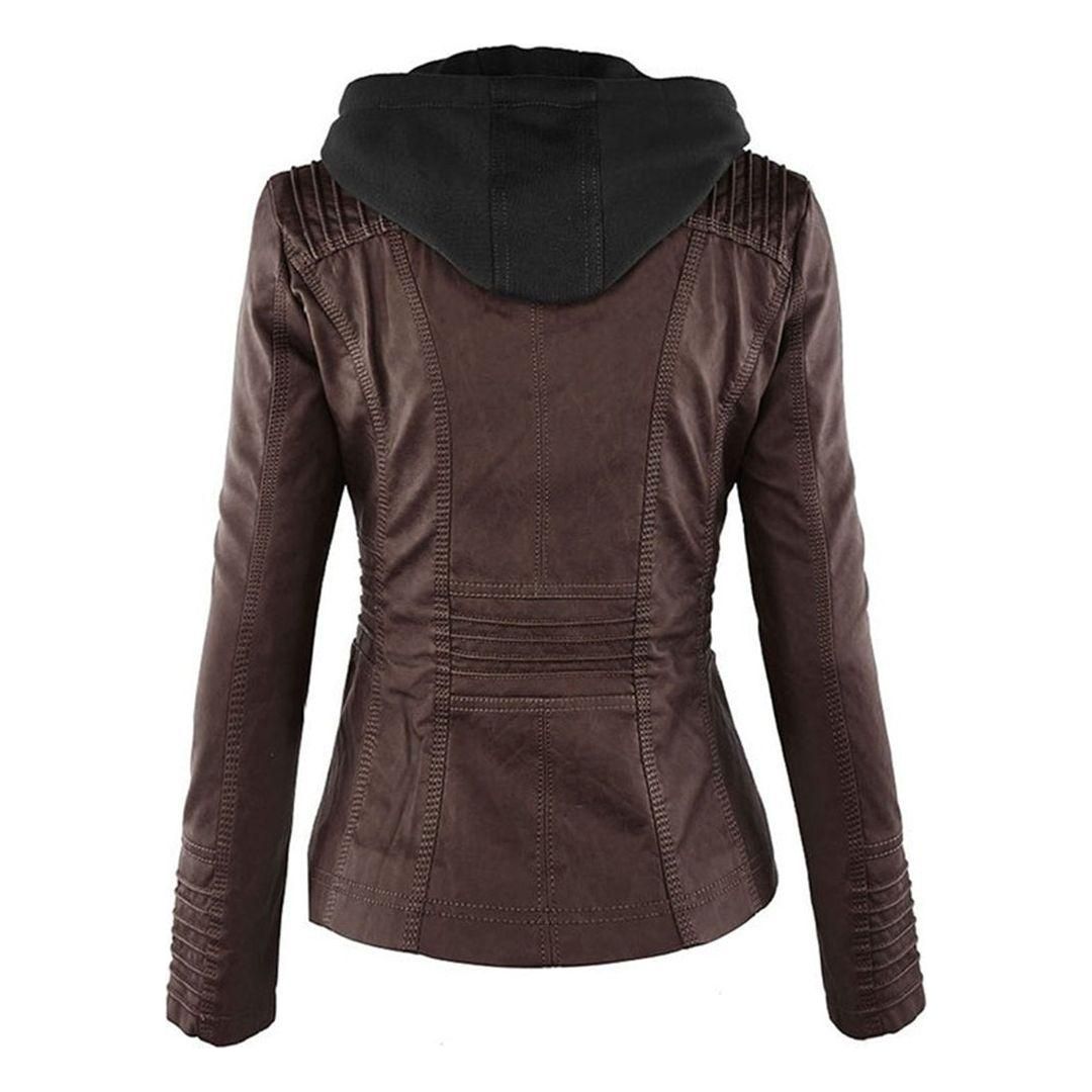 Women's Autumn Vegan Leather Hooded Jacket with Zipper – Stylish and Functional Outerwear