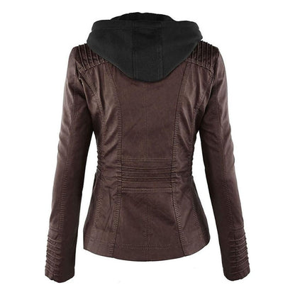 Women's Autumn Vegan Leather Hooded Jacket with Zipper – Stylish and Functional Outerwear