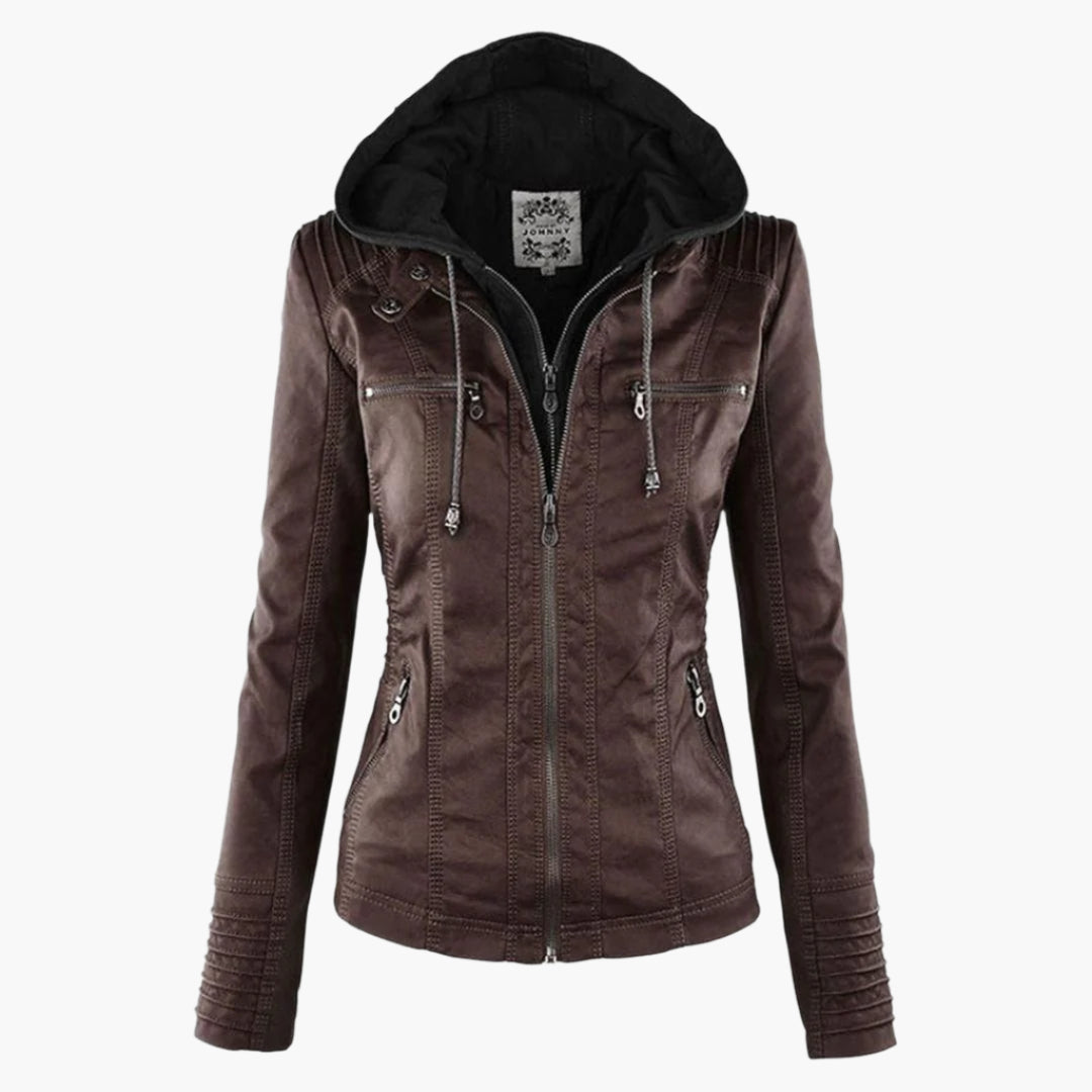 Women's Autumn Vegan Leather Hooded Jacket with Zipper – Stylish and Functional Outerwear
