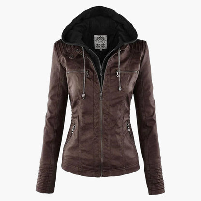 Women's Autumn Vegan Leather Hooded Jacket with Zipper – Stylish and Functional Outerwear