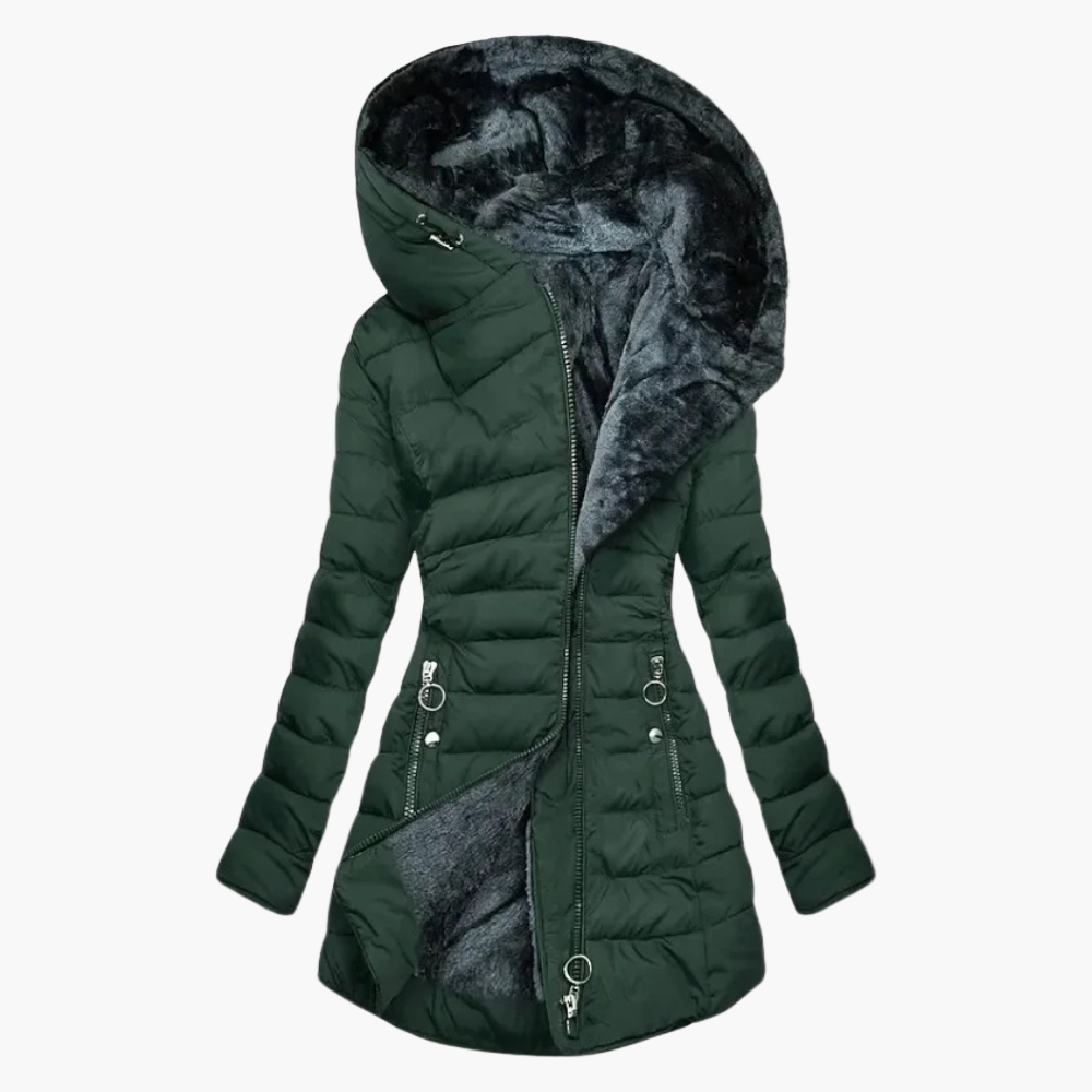 Women's Elegant Plush Winter Coat – Long Quilted Hooded Puffer Jacket for Cold Weather