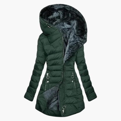 Women's Elegant Plush Winter Coat – Long Quilted Hooded Puffer Jacket for Cold Weather