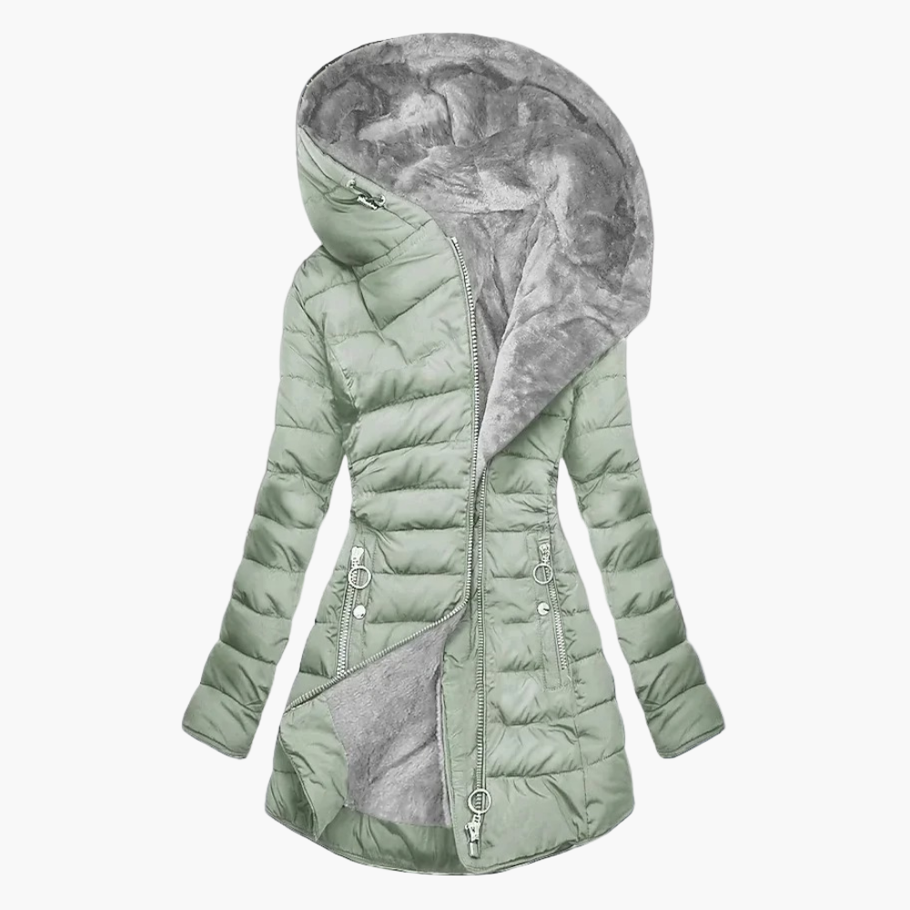 Women's Elegant Plush Winter Coat – Long Quilted Hooded Puffer Jacket for Cold Weather