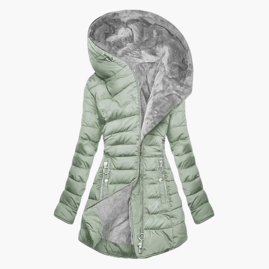 Women's Elegant Plush Winter Coat – Long Quilted Hooded Puffer Jacket for Cold Weather